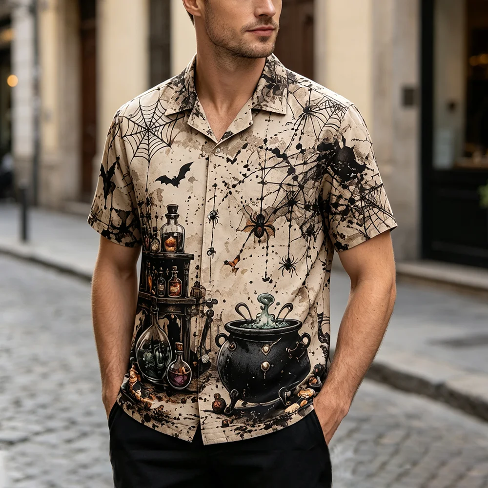 Men's Halloween Themed Print Shirt Scary Pumpkin Castle Pattern Summer Lapel Short Sleeve Tops Holiday Party Casual Streetwear
