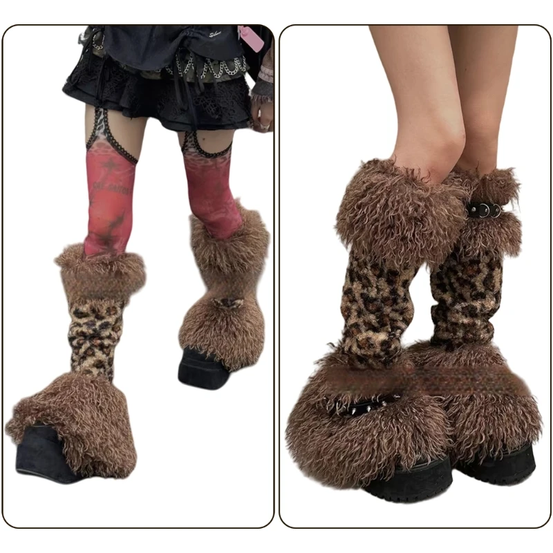 Women Harajuku Plush Leopard Leg Warmers Faux Furs Boot Covers with Rivets Garter for Festivals Parties Furry Leg Sleeves