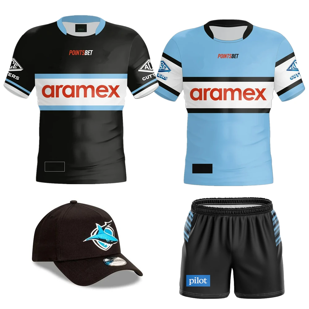 

2024 sharks Rugby jersey Australia SHARKS cap rugby shirt Training clothing shorts T-Shirt Customized Name and Number