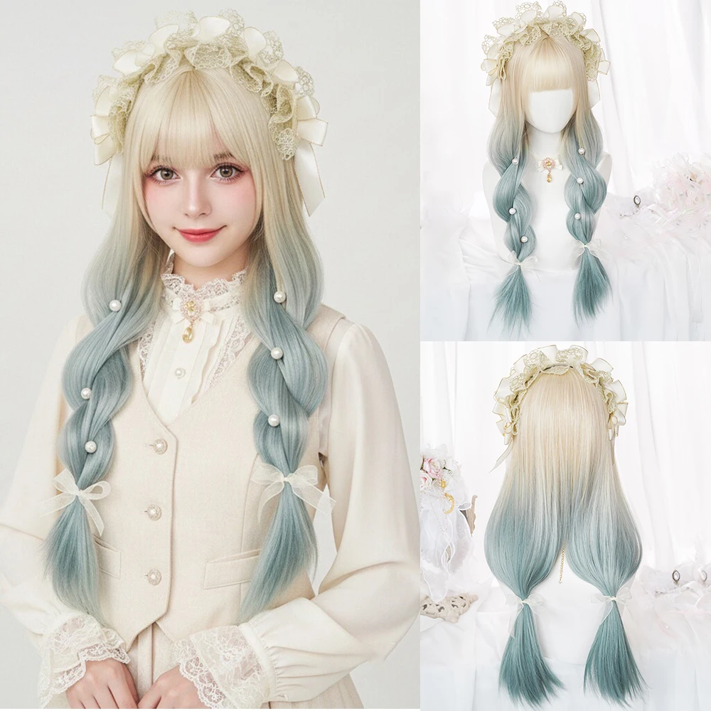 

Women's Long Straight Synthetic Blonde Gradient Blue-green Wig with Bangs Lolita Style Cosplay Wig for Lolita Halloween Party