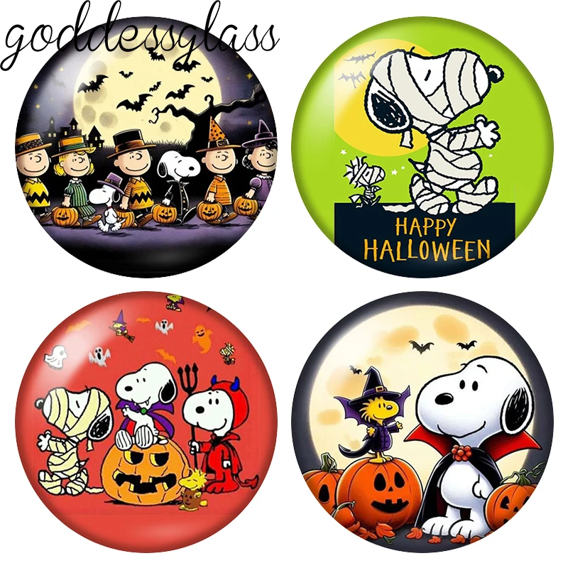 Snoopy Halloween Thanksgiving Day Kürbis 12mm/18mm/20mm Fotoglas-Cabochon mit flacher Rückseite, Zubehör für Schlüsselanhänger-Schmuck