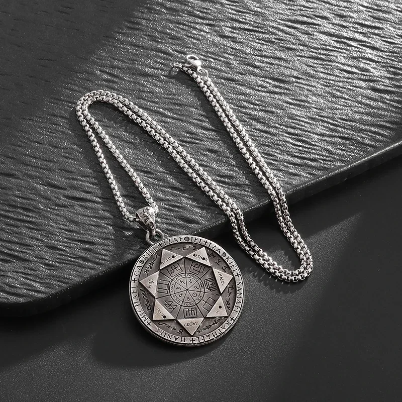 Retro Seven Angels Magic Circle Solomon\\\'s Seal Necklace Pendant Personalized Men\\\'s Punk Lucky Amulet Jewelry