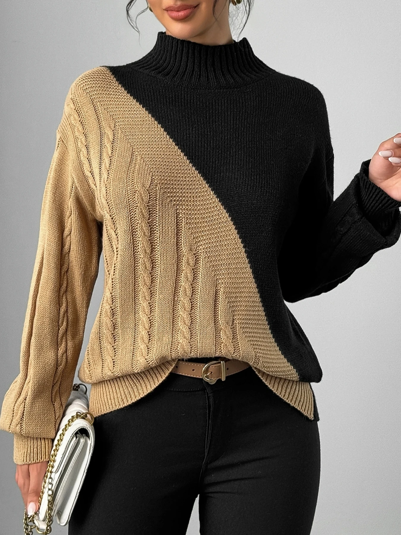Women's Elegant Mock Neck Color Block Cable Knit Sweater Long Sleeve Knitwear Fashionable Casual Style