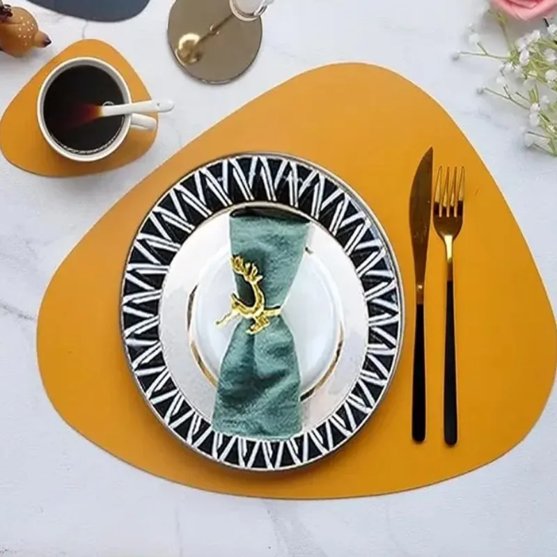 1/4/6/10Sets Gift Table Placemats Sets Triangle Oval Place Mats Shaped PU Faux Leather Tableware Pad Kitchen Accessories Orange