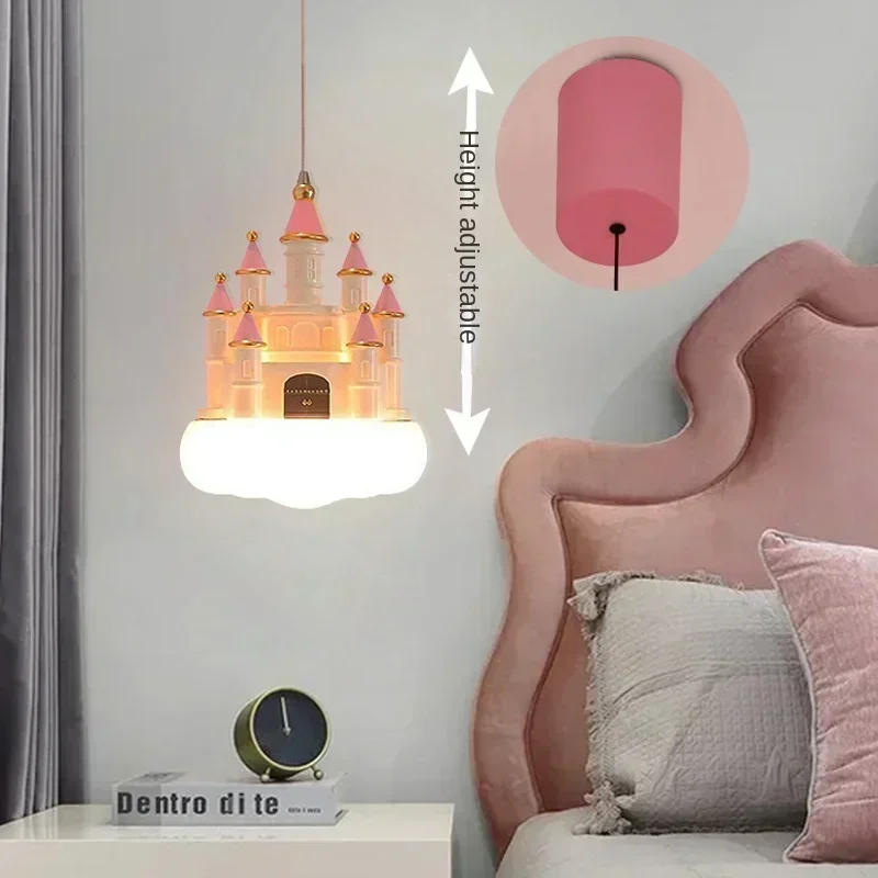 Candelabro minimalista para niñas, lámpara colgante Led creativa de nubes de Castillo rosa para decoración de dormitorio de habitación de niños, luz