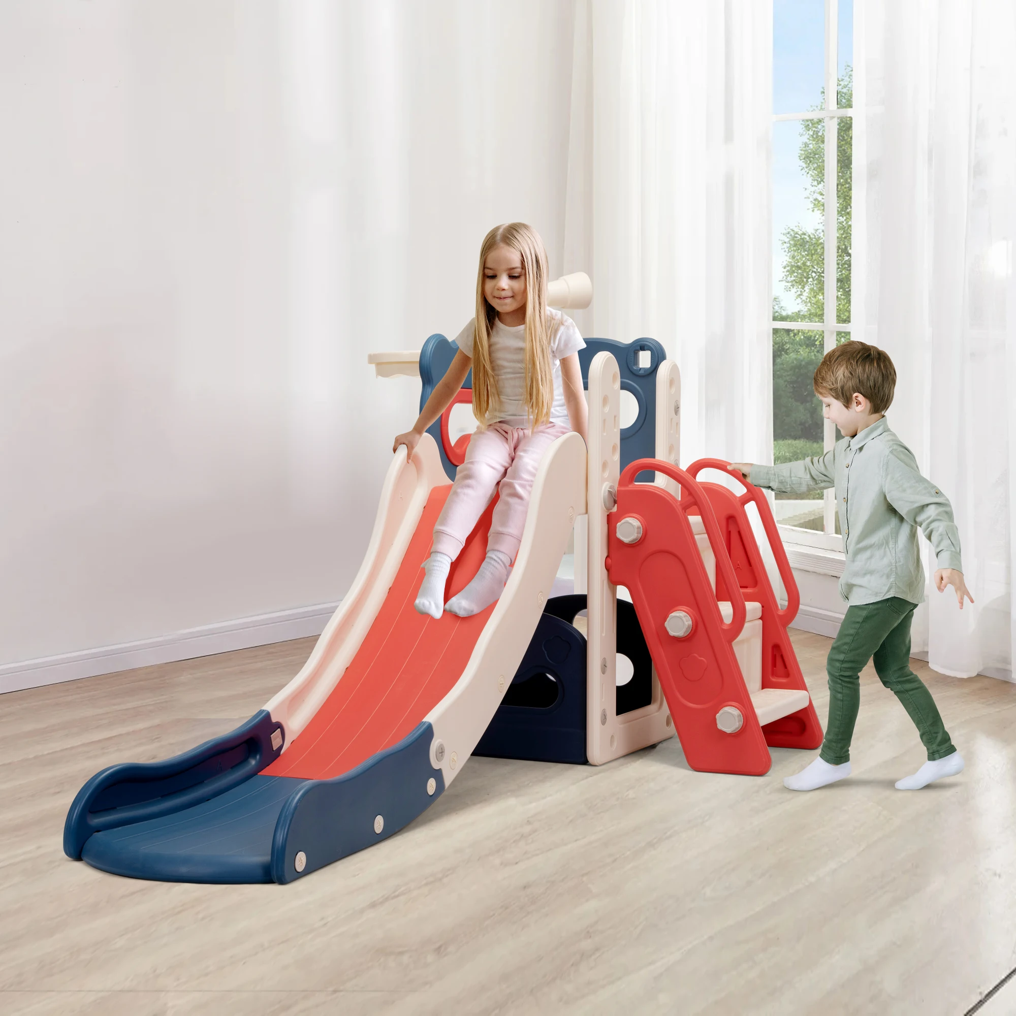 5 In 1 Kids Slide and Climber Playset, Freestanding Toddler Playground with Basketball Hoop, Telescope, Ball