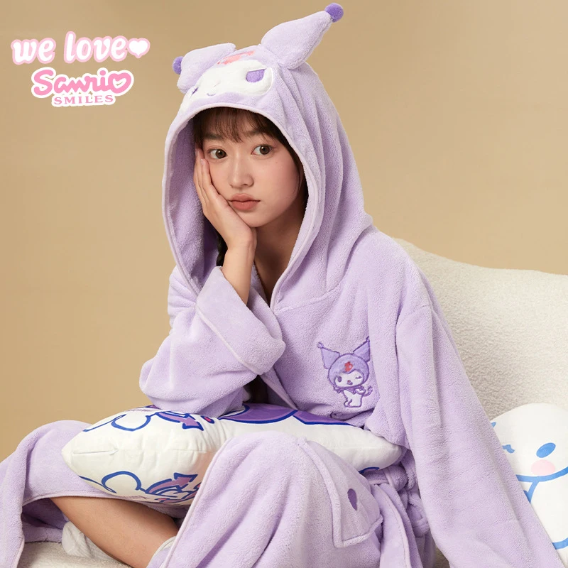 

Cinnamoroll Bathrobe Cartoon Sanrios Nightgown Coral Velvet Pure Cotton Soft Sucking Water Quickly Do Cute Sleeping Gown Girl