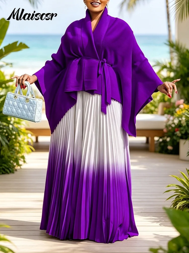 Mlaiscsr Women's Fashion Cape Sleeve Top and Pleated Skirt Set Purple Gradient High Waist Long Skirt 2 Pieces Office Birthday