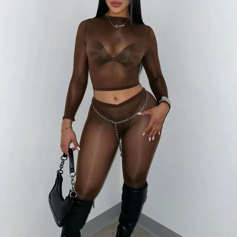 

Sexy Mesh See Through 2 Piece Sets Woman Outfits Rave Festival Clothing Rave Club Party Long Sleeve Crop Top and Leggings Set