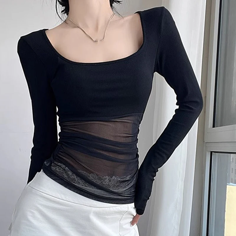 

Women's Sexy Pure Desire Black Square Neck Long Sleeve Mesh Patchwork Slim T-shirt