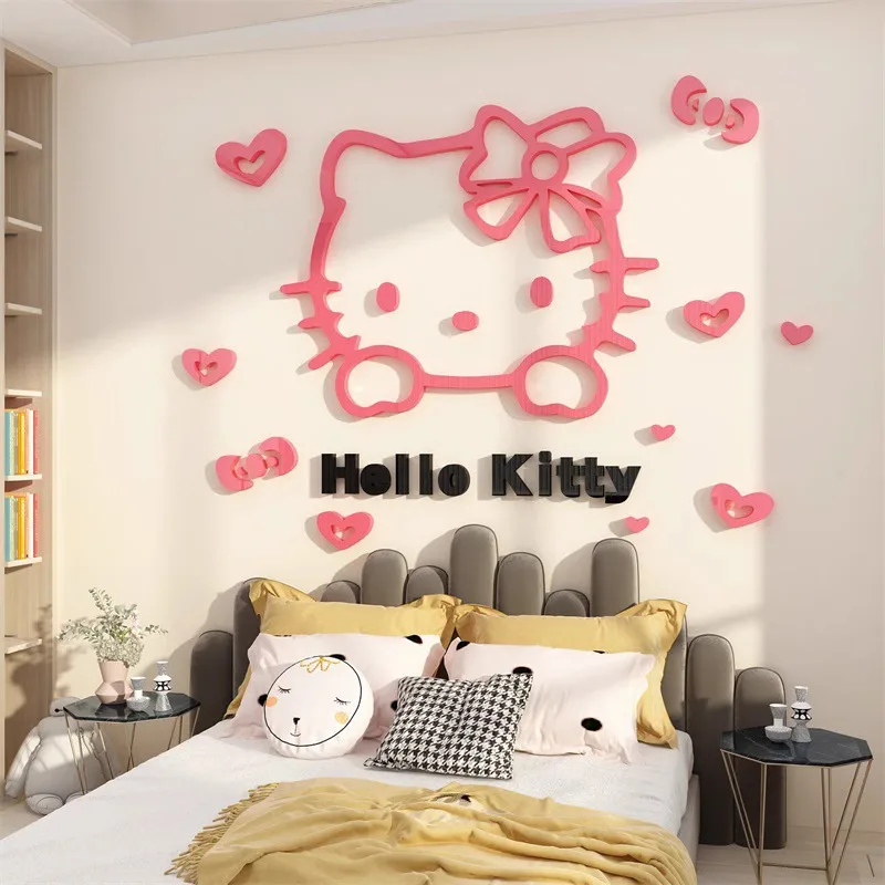 Hello Kitty Strawberry Wall Sticker DIY Self-assembly Sanrio Cartoon Anime 3D Acrylic Wall Stickers Kid Bedroom Wall Home Decor