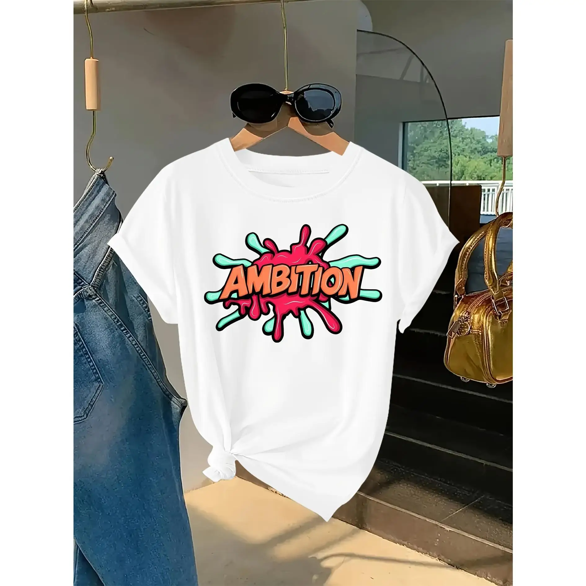 

Ambition Slogan T-shirt for Women Men Y2K Trendy Comic Style Graphic Tee Graffiti Streetwear Positive Quote Top