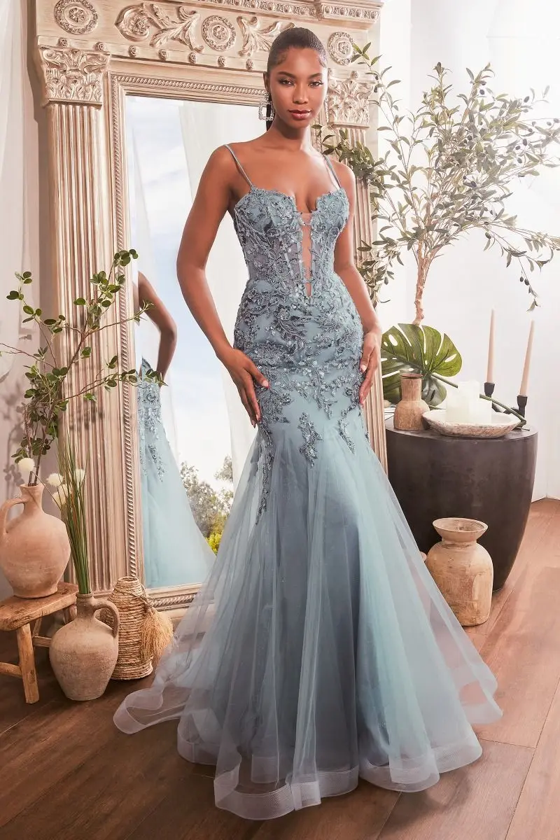 NEW Women Sleeveless Mermaid Long Homecoming Dresses Spaghetti Strap Sequins Appliques Tiered Tulle Shiny Evening Dresses