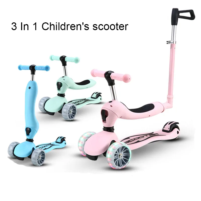 3 In 1 Children\'s scooter Scooter with Flash Wheels Kick Scooter for 2-12 Year Kids Adjustable Height Foldable Children Scooter