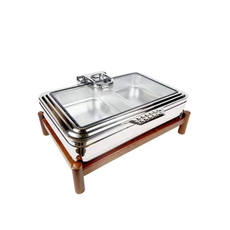 Premium Rectangular Stainless Steel Food Heater Hydraulic Buffet Stove Wood Base Hotel Welcome Banquet Catering