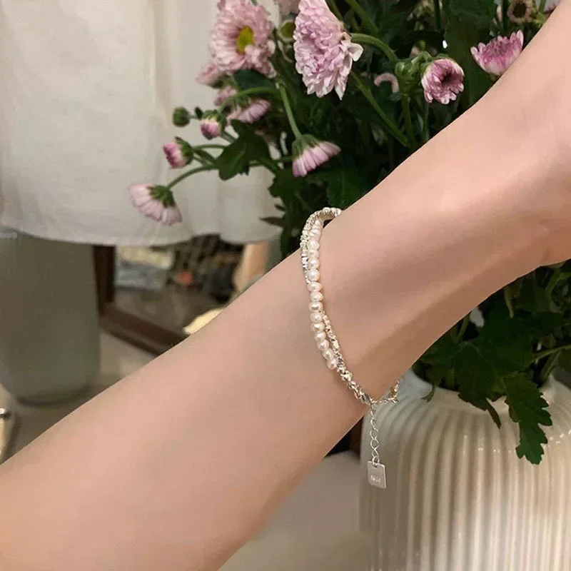 Pulsera de perlas de doble capa para mujer y niña, brazalete de Plata de Ley 925 con abalorios de diseño coreano, joyería de lujo para fiesta y boda