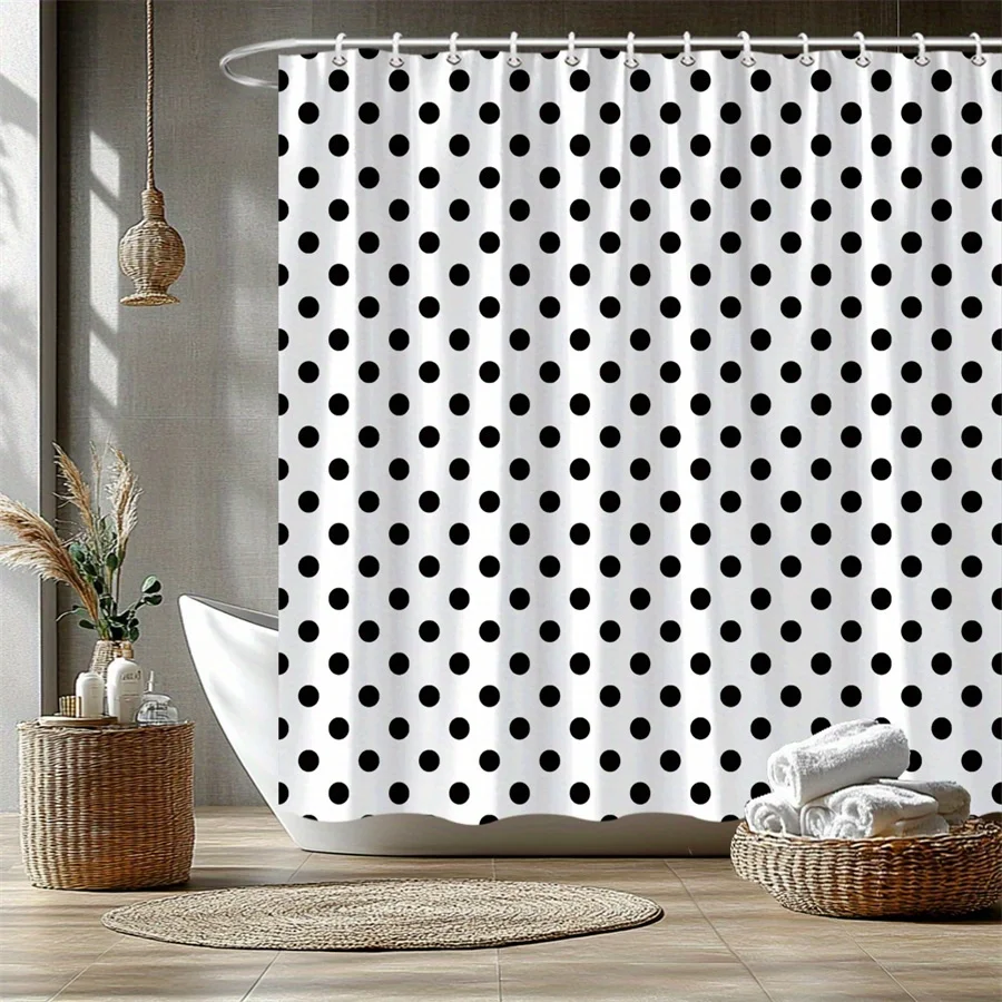 1 Stück moderner, minimalistischer Duschvorhang mit schwarzen Punkten – strapazierfähiges Polyestergewebe, maschinenwaschbar, 70,86 x 70,86 Zoll mit 12 Haken, Cl