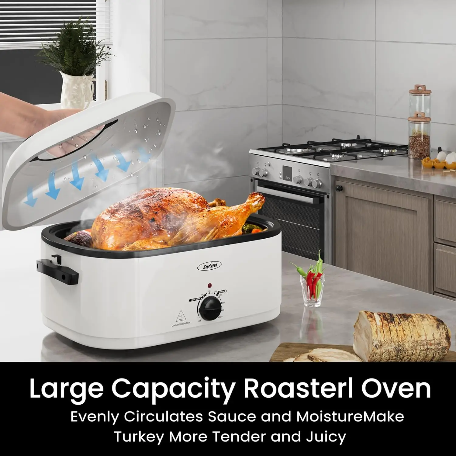 شواية كهربائية سعة 24 لترًا مع وعاء قابل للإزالة، فرن شواية تركية كهربائي سعة 28 رطل مع غطاء مرئي وذاتي التغطية، شواية كبيرة مع