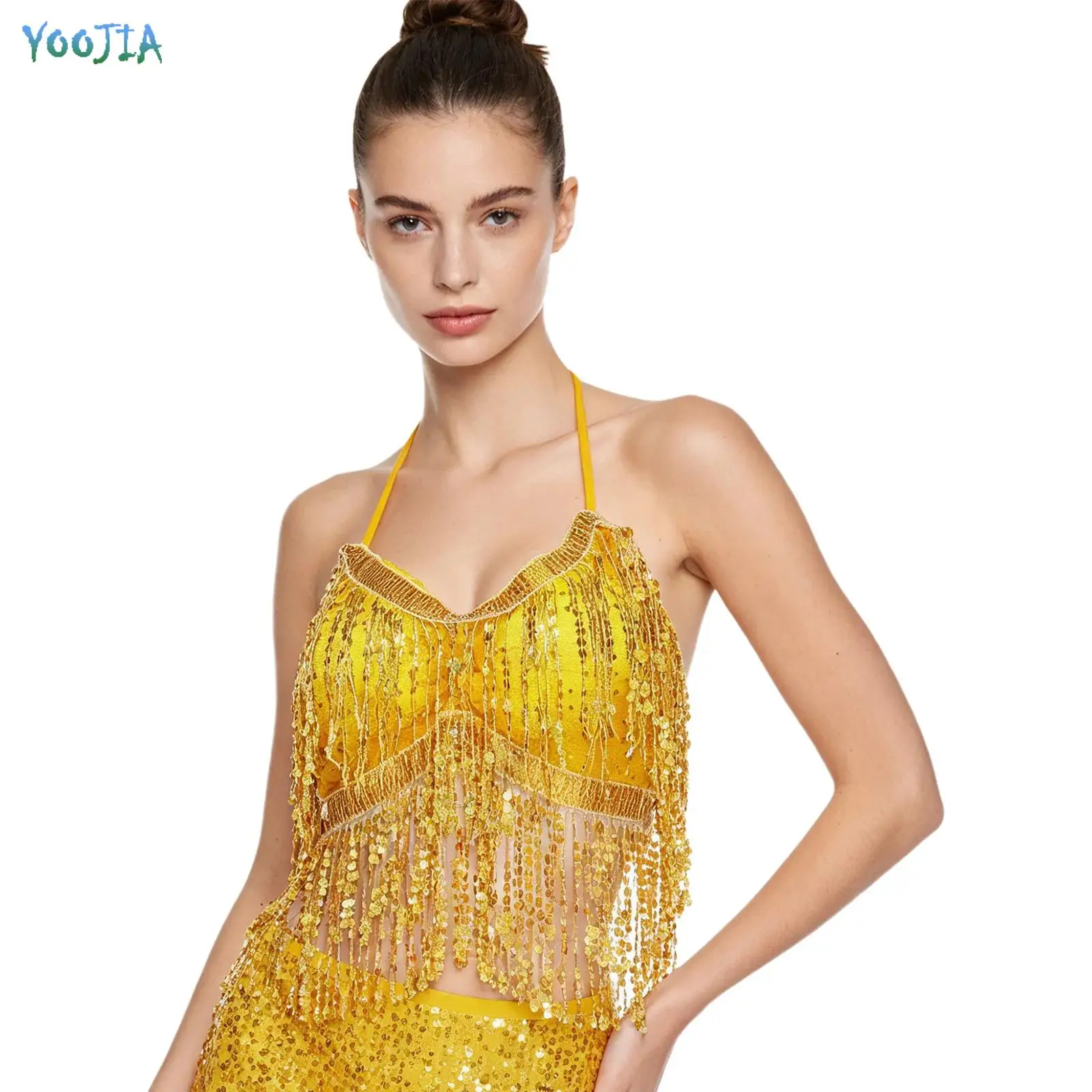 Womens Belly Dance Fringed Crop Top Halter V Neck Sequined Tassel Backless Bra Dance Top with Pad for Stage Performance Training