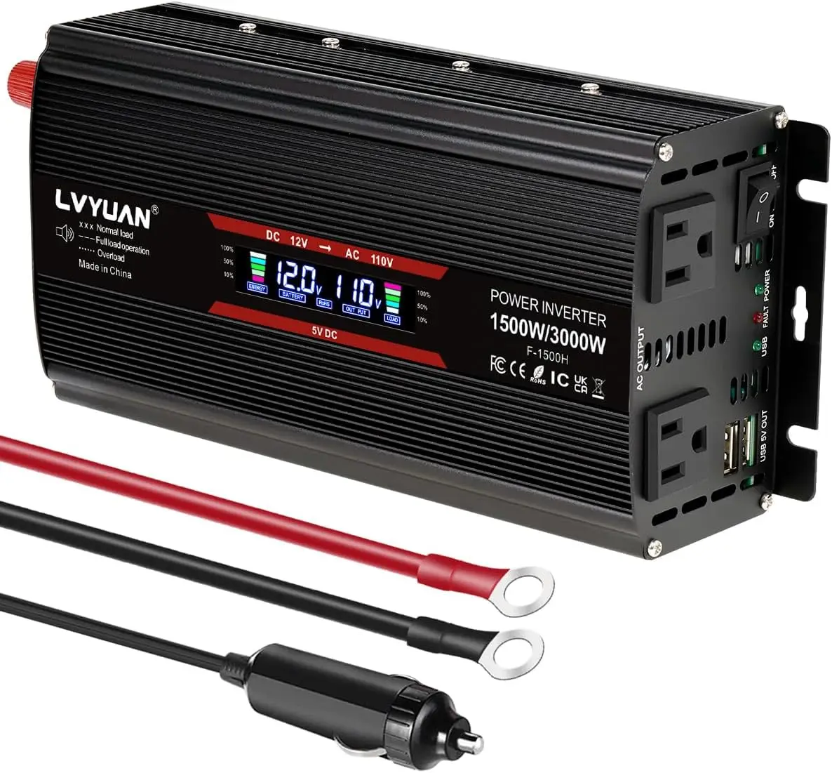 1500W Car Power Inverter 12V To 110V DC To AC With 2 US Sockets, Cigarette Lighter, LCD Display, USB Ports For Car, Home,
