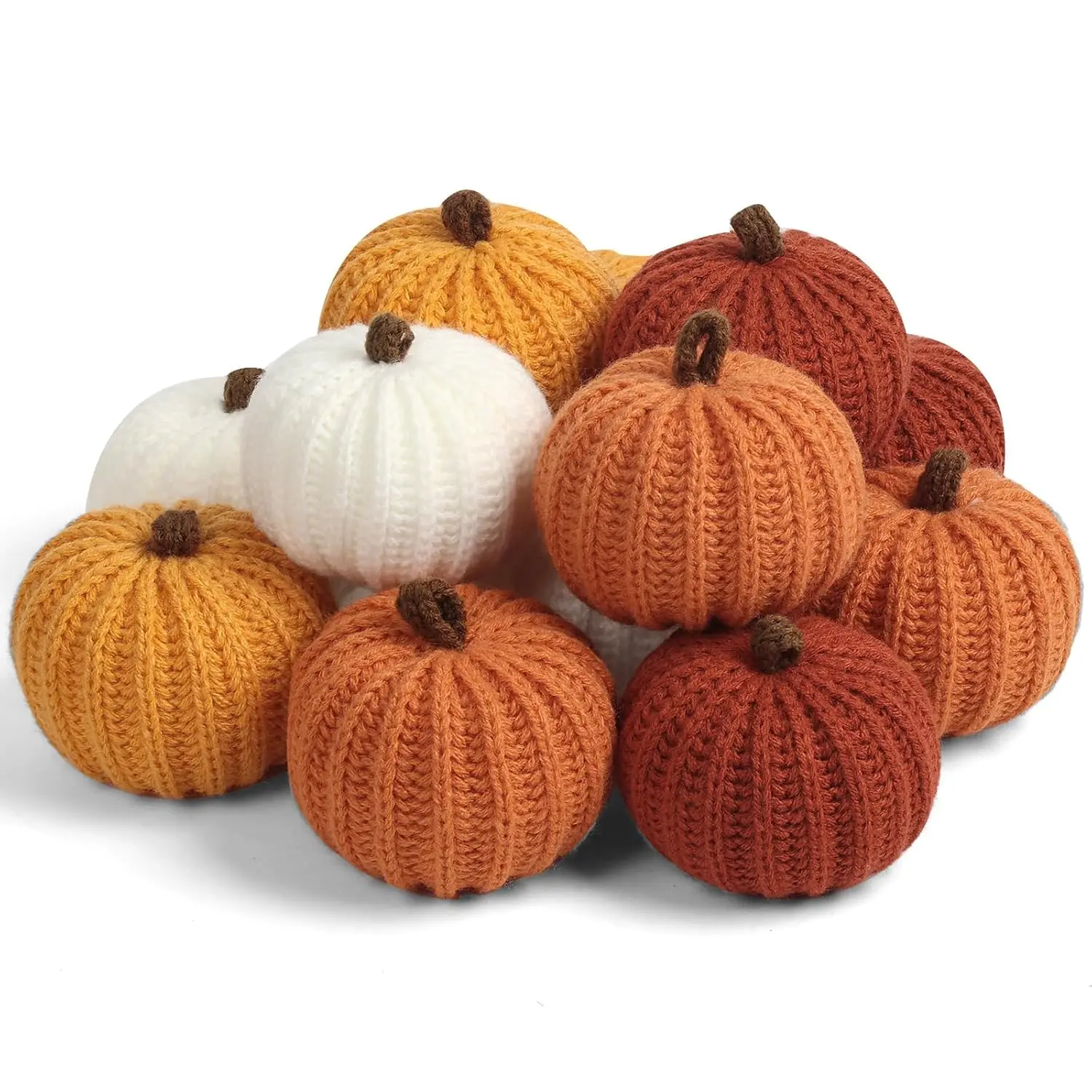 12 Pack Handmade Crochet Pumpkin Ornaments, Mini Knit Fall Decor for Halloween Thanksgiving Farmhouse Home, Rustic Autumn Color