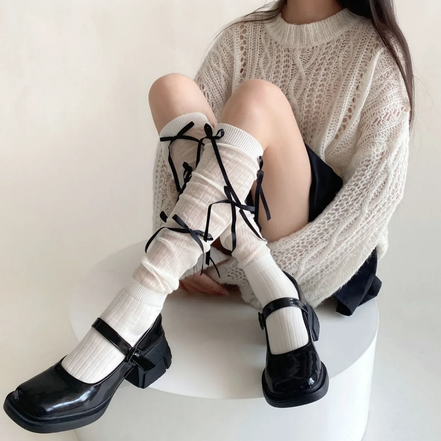 Women JK Lolita Kawaii Bowknot White Black Knee High Long Socks Thin Mesh Thigh High Stockings Japanese Style School Socks