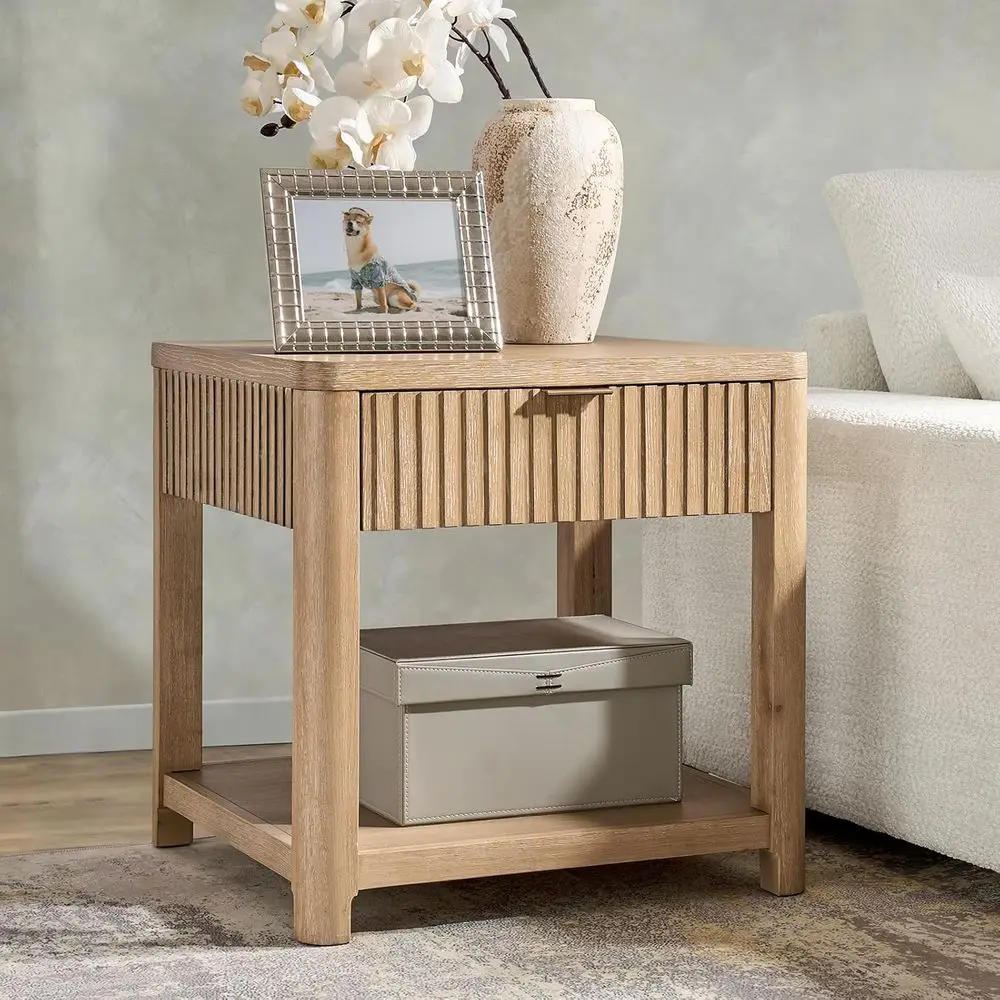 

24 Oak Veneer End Table with Drawer and Fluted Trim, Natural Finish