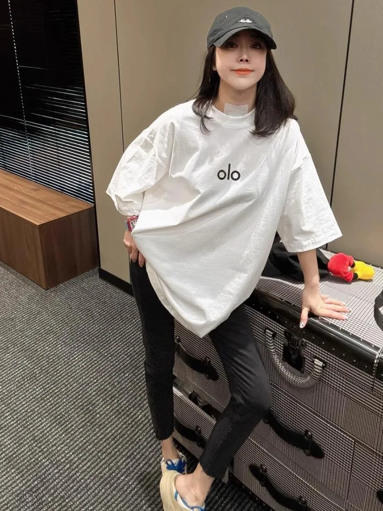 Lâche décontracté mi-longue ort-sav T-shirt femmes été coton imprimé bout à bout couvrant haut Faionable polyvalent coréen Sle