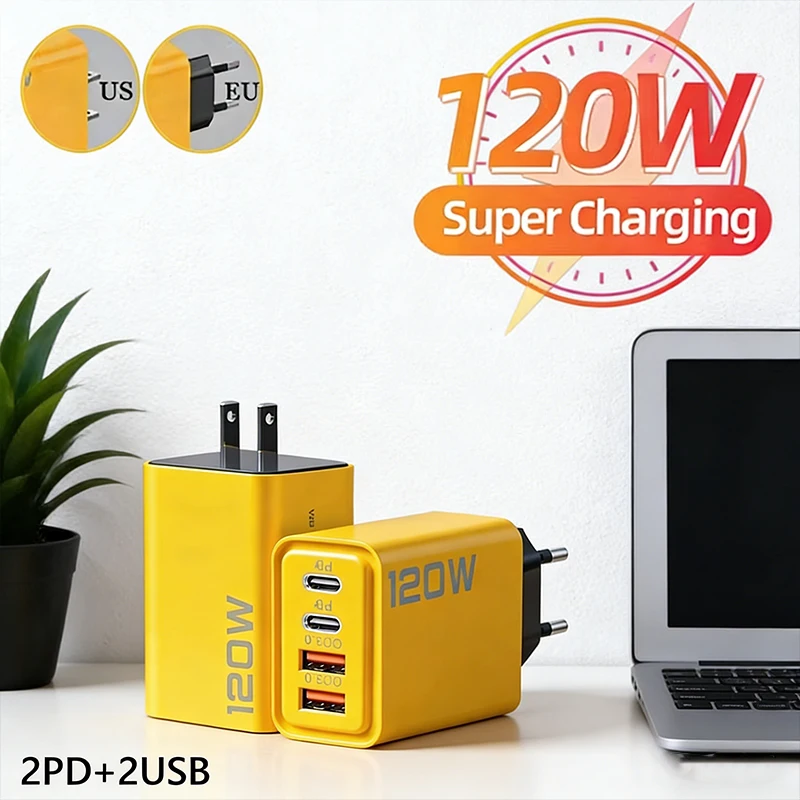 4 Ports 120W Charger USB C PD Quick Charge 3.0 Type C USB Phone Chargers Fast Charging Adapter For iPhone Samsung Xiaomi Huawei