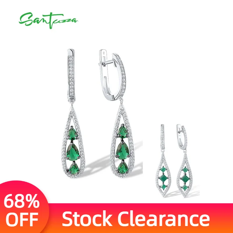 

SANTUZZA Real 925 Sterling Silver Drop Earrings For Women Sparkling White CZ Green Stone Dalicate Wedding Party Fine Jewelry
