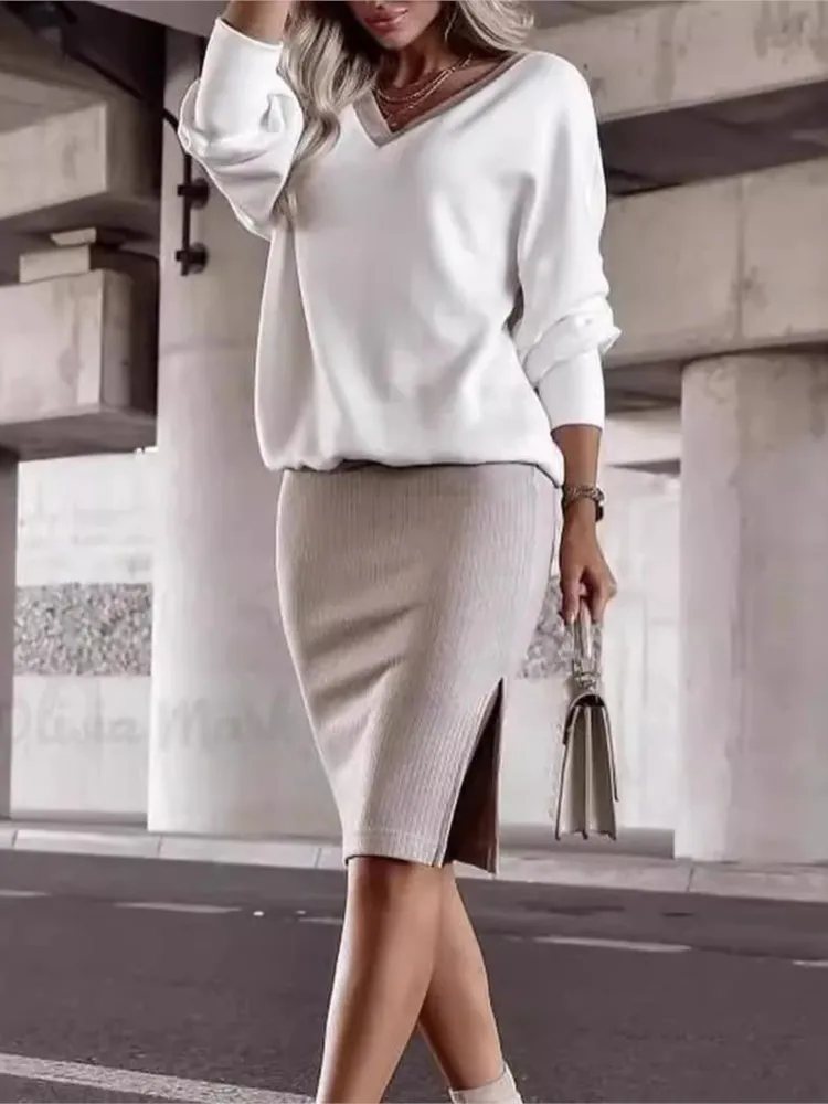 

Fashion Office Set Lady Casual Solid V Neck Long Sleeve Pullover Tops+Package Hip Skirt Two Piece Sets For Women Spring Autumn