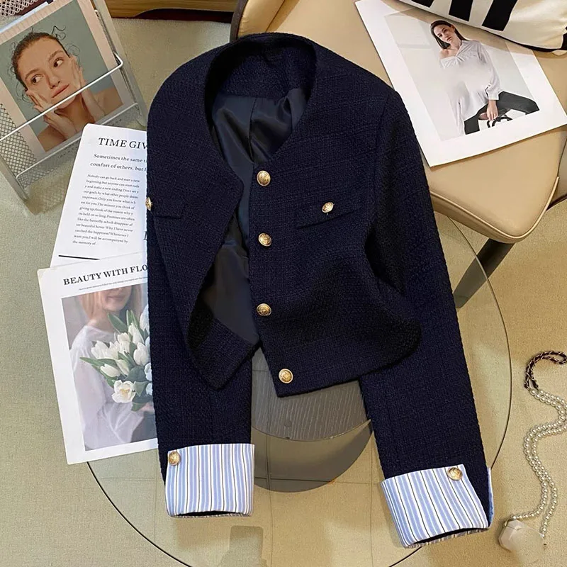 Autumn Winter Tweed Jacket Women Korean Splicing Long Sleeve Cropped Jackets for Woman Fashion Metal Buttons Round Neck Coats