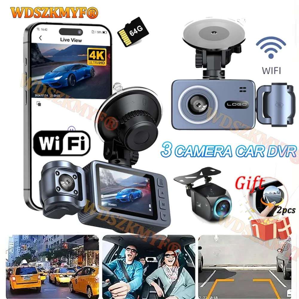 

4K Car Dash Cam WIFI APP Video Recorder 2/3 Channels Car DVR 24H Parking Monitor Rear View Cameras Black Box Car accessories