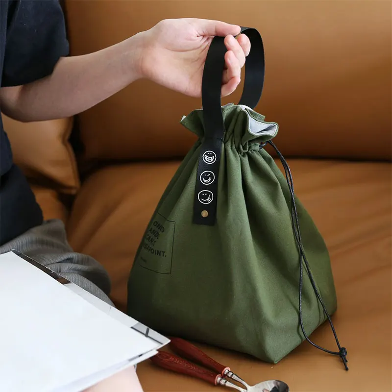 1PC Drawstring Webbing Insulated Lunch Bag Japanese Industrial Style Canvas Picnic Bento Bag