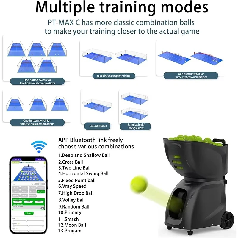 Padel Machine Ball Thrower Pusun PT-MAX C Tennis Ball Launcher With App/Remote Control