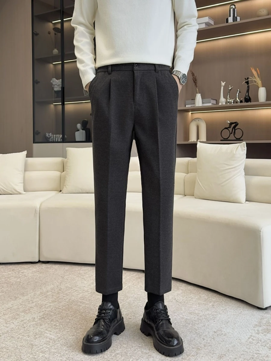 

Bla Woolen Men's Autumn Winter Suit Pants Straight Leg Elastic Waist Trendy Korean Casual Nine Points Suit Trousers