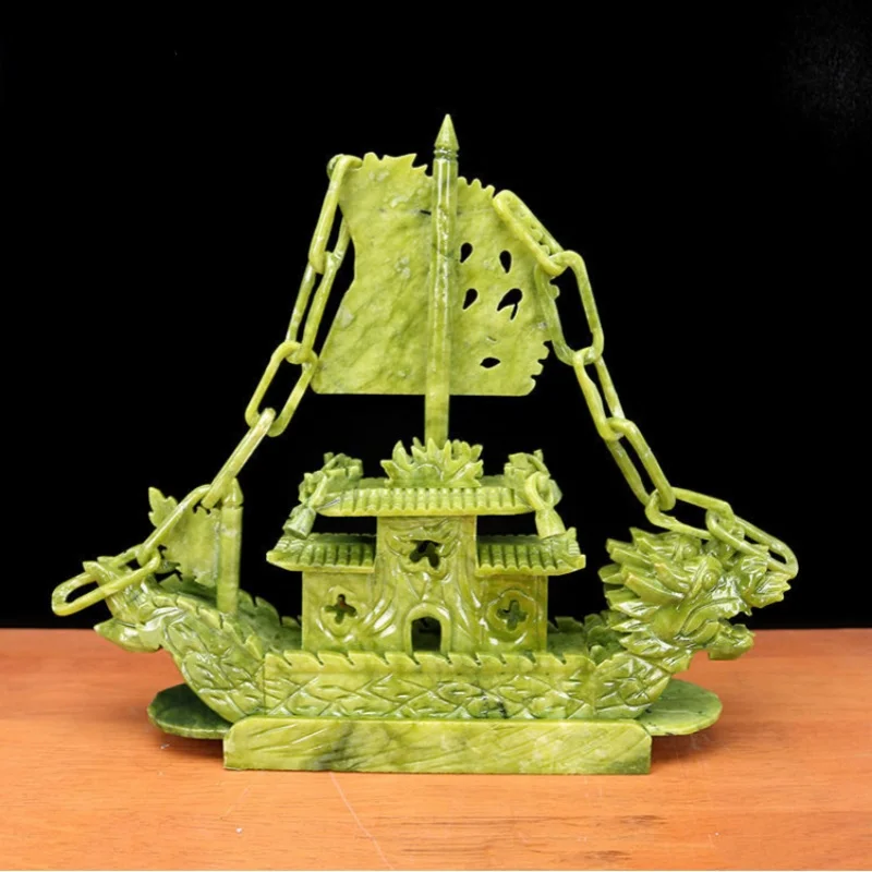 Chinese Hand-Carved Natural Jade Dragon Boat Ornament, Traditional Jade Sculpture for Home Decor, Collectible Art Gift
