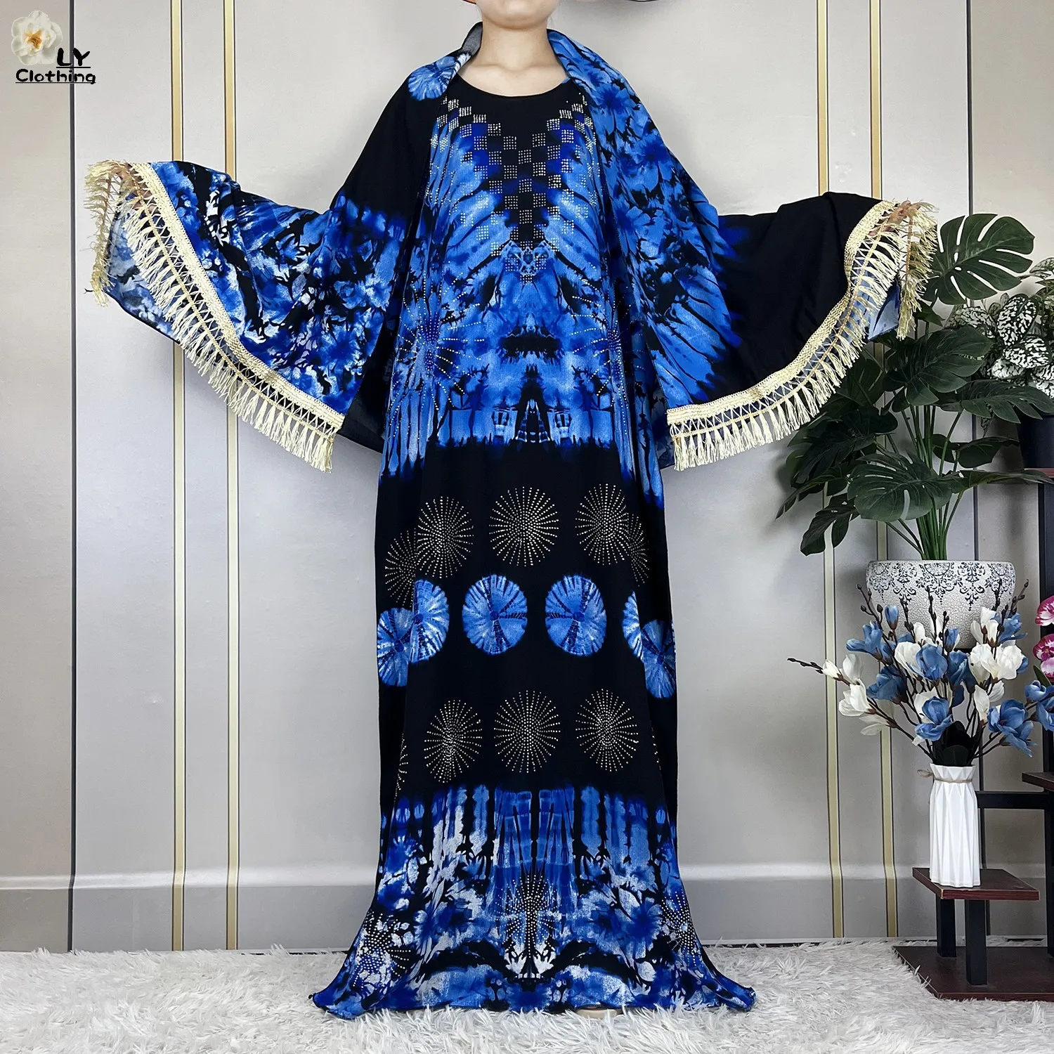 2023 New African Abaya Lady Short Sleeve Dress With Big Lace Scarf Cotton Printing Tie-dyed Maxi Islam Women Summer Loose Robe