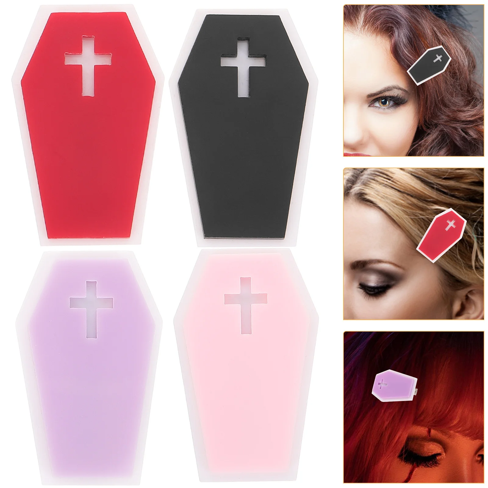 

4 pcs Coffin Shaped Hair Clips Small Gothic Hair Accessories For Women Halloween Party Punk Style Decorative Clips