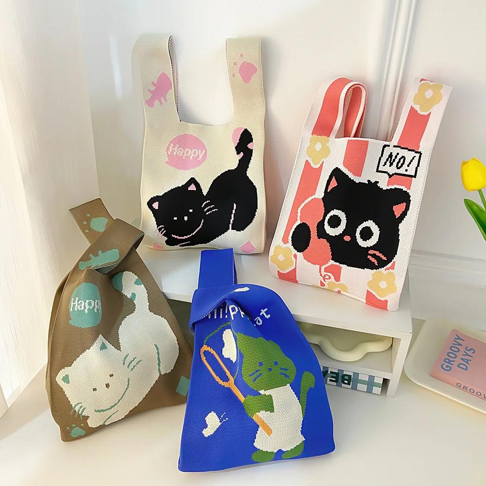 Knitted bag niche design cute cat handbag large capacity handbag casual small square bag lunch box bag