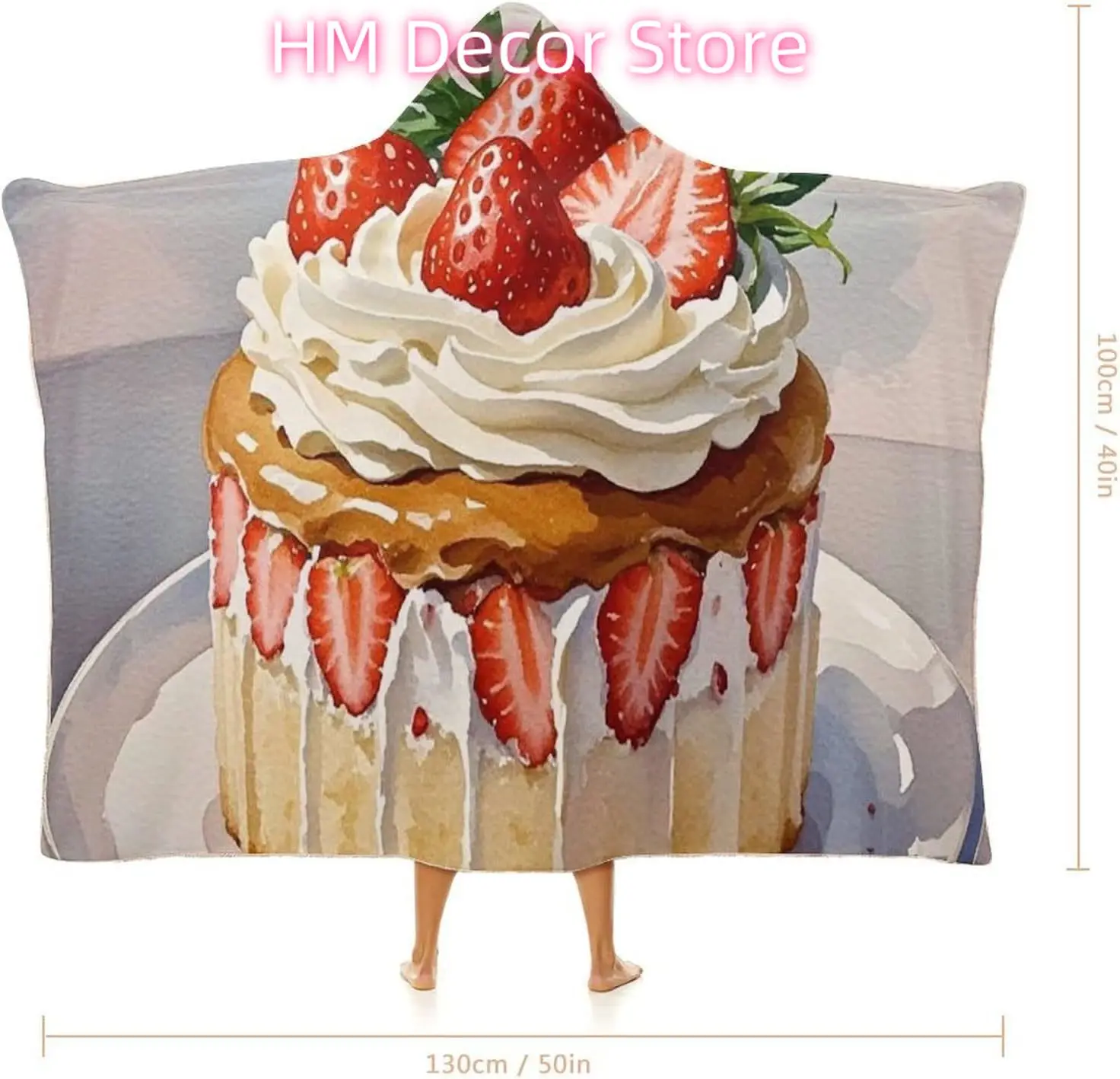 Strawberry Cream Cake Wearable Hooded Blanket, Ultra Soft Arctic Velvet Cape Cloak Unisex - Cozy Wearable Blanket