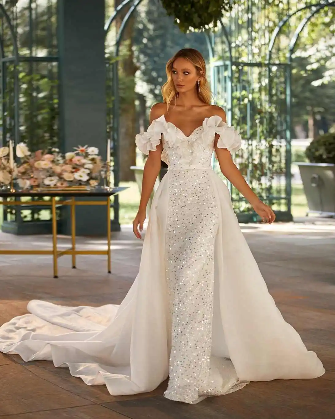 Gorgeous Sequin Mermaid Wedding Dress Off-Shoulder Sweetheart Ruffle 2N1 Style Formal Bridal Gown Vestidos Mujer Customized