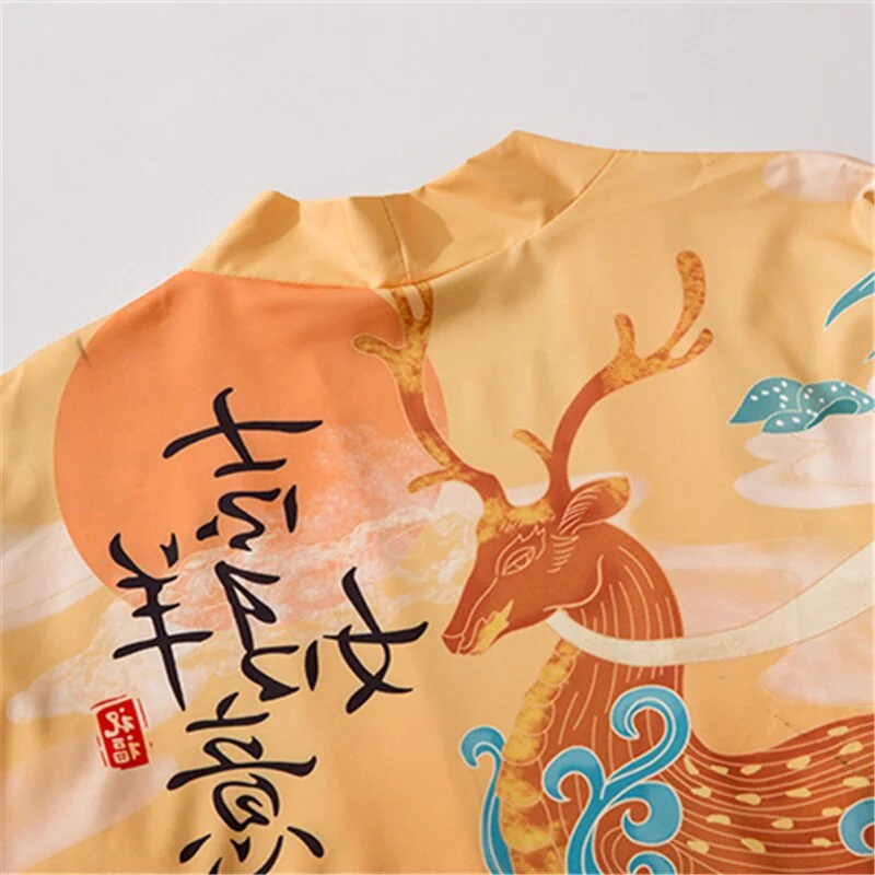 النمط الصيني الملابس الآسيوية سيكا الغزلان طباعة قميص ثوب الكيمونو الياباني Harajuku يوكاتا النساء الرجال سترة تأثيري الشاطئ القمم