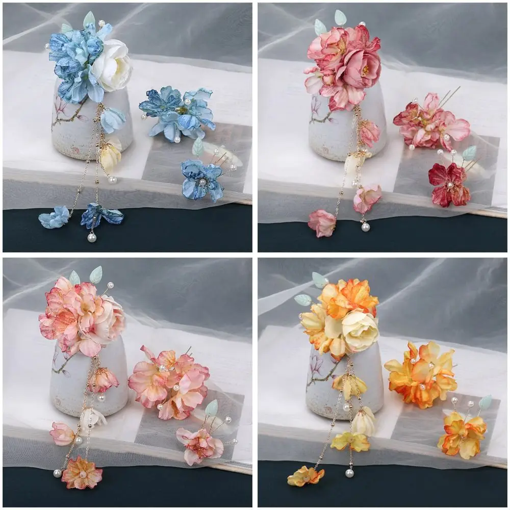 New Artificial Flower Floral Hairpin Forks Tassel U-shaped Hair Clip Fork Chinese Style Multicolor Hanfu Hair Accessories Hanfu
