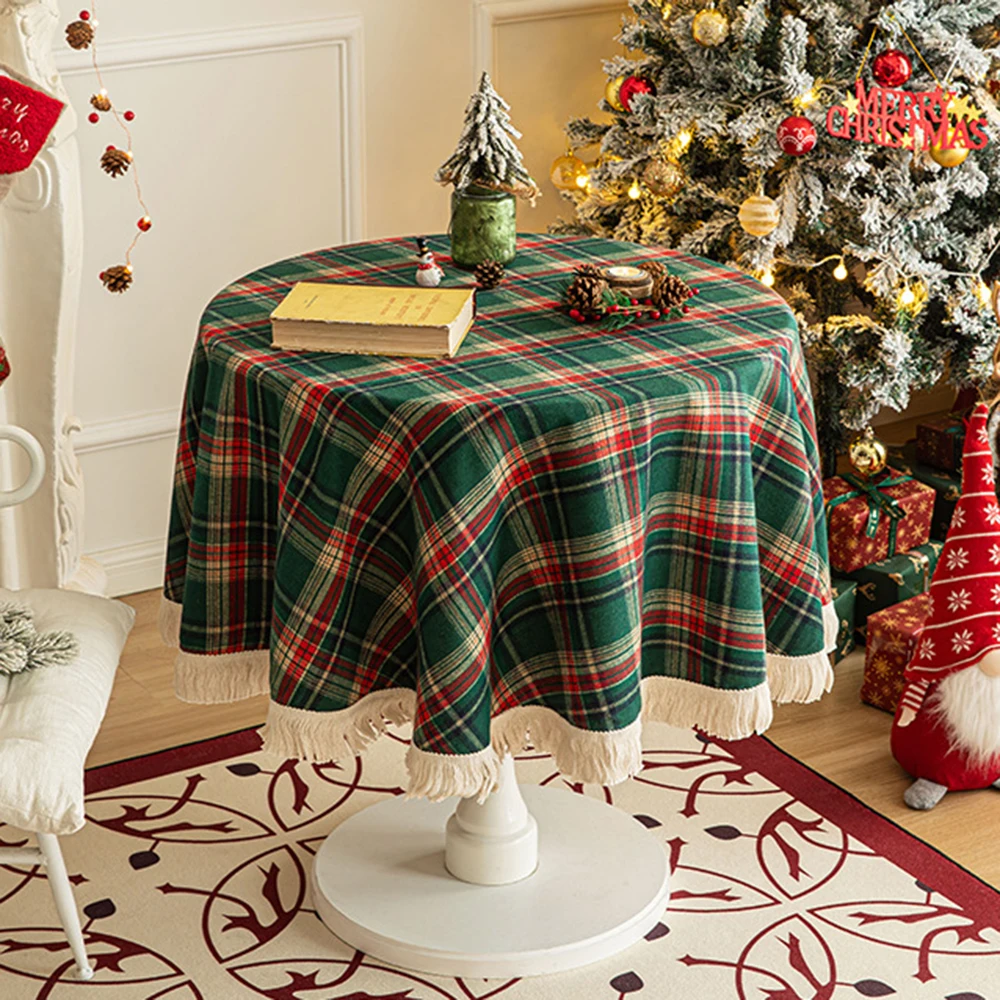 

Christmas Plaid Round Tassel Tablecloth Cotton Classic Red and Green Check Retro Light Luxury Party Decoration Table Cloths