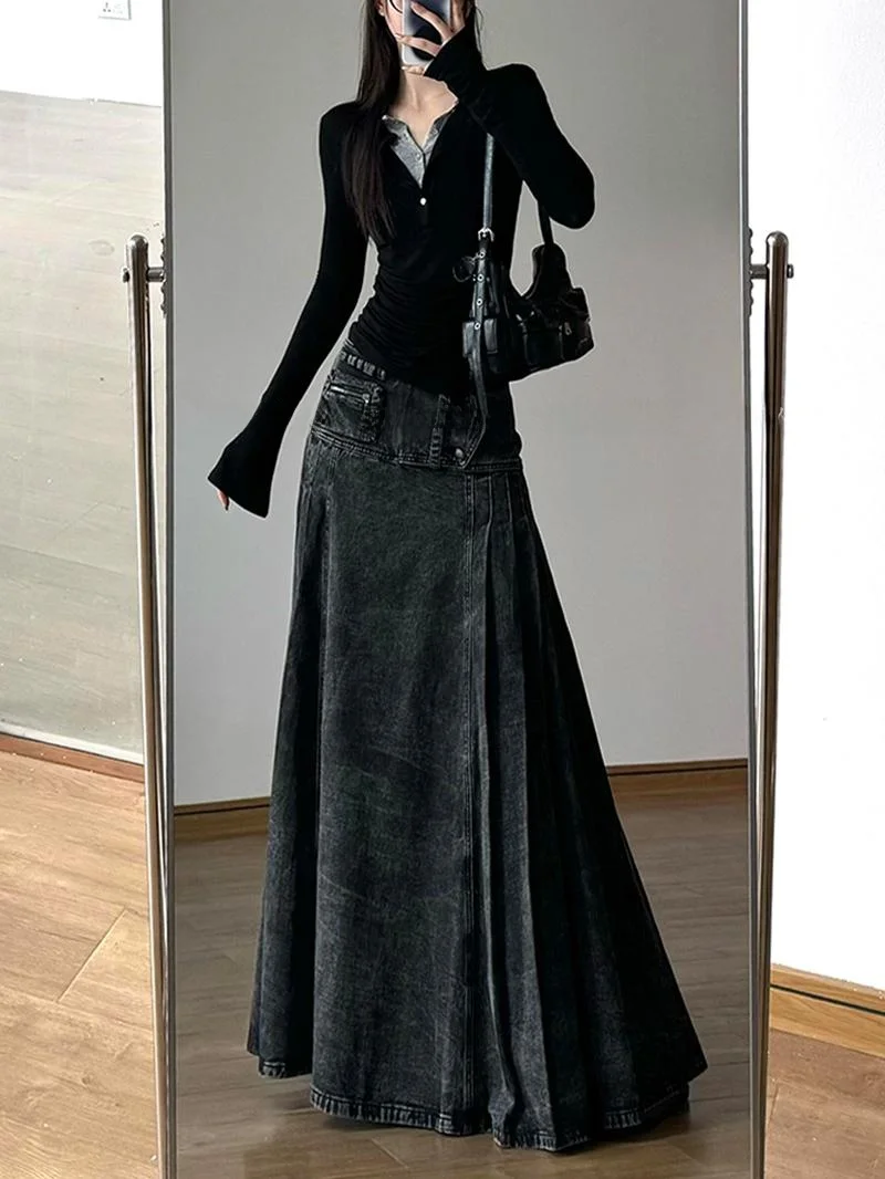 American Y2K Millennium Hot Girl Wide Hem Denim Skirt Women's Summer Vintage Design Versatile Workwear Long Skirt