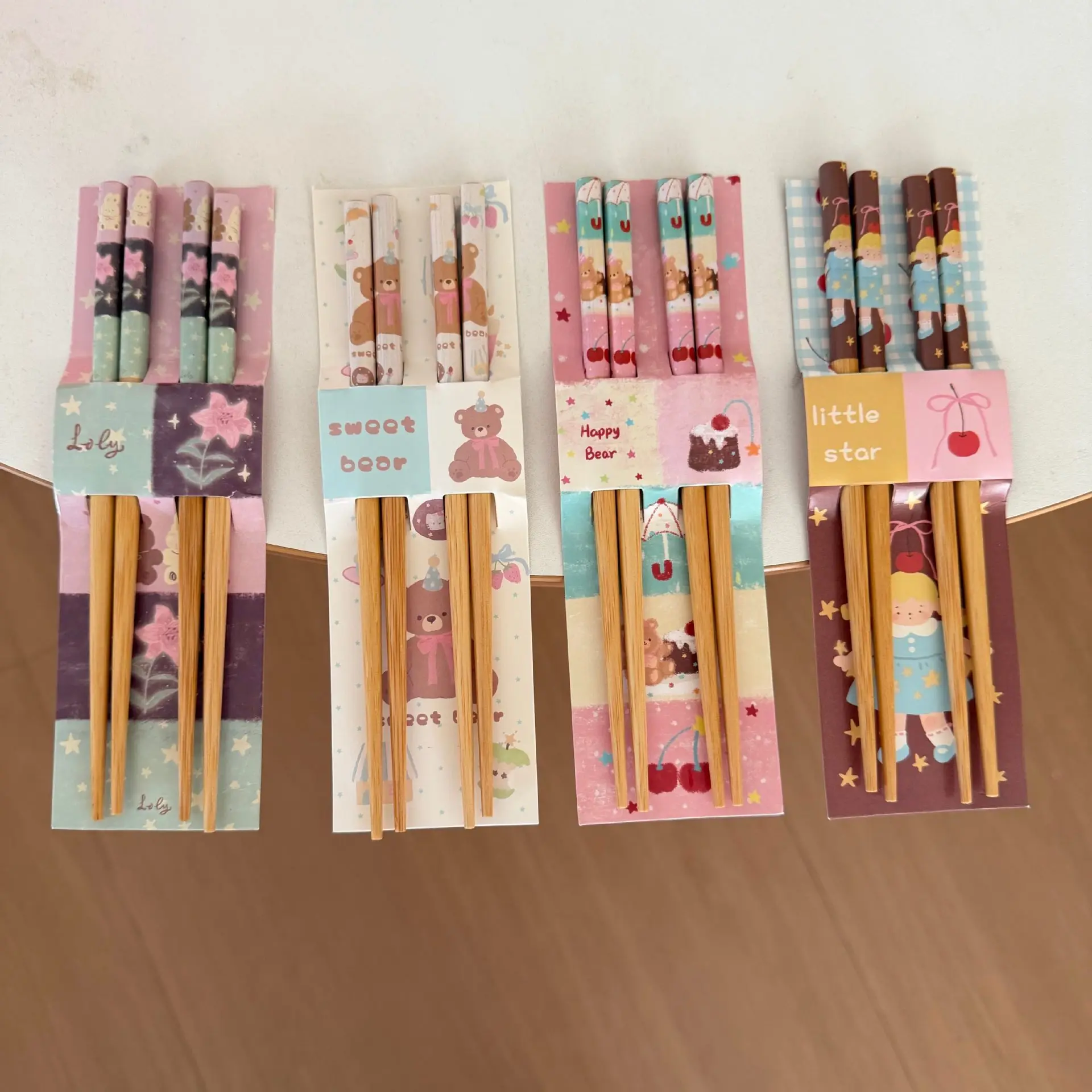 Kawaii Cartoon Little Bear Girl Cherry Printed Bamboo Chopsticks Eco-Friendly Handmade Wooden Chopsticks Household Dinner Gift