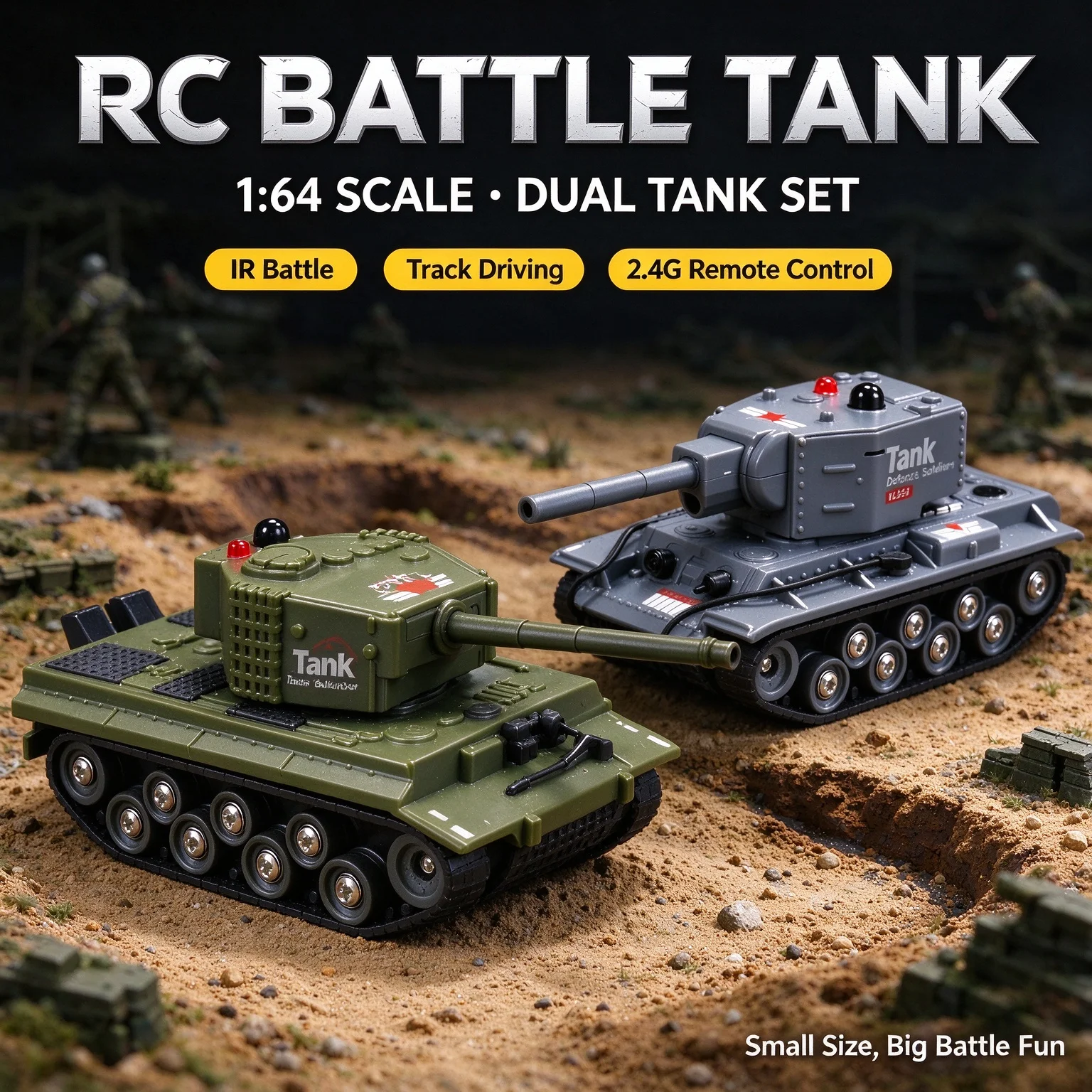 USB Rechargeable RC Battle Tank, Controllable Turret & Infrared Combat, Thick Rubber Tracked Climbing Toy Gift for Boys ﻿