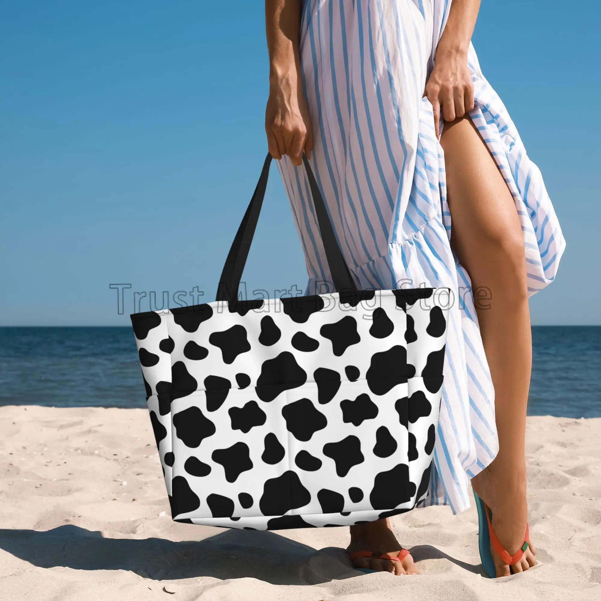 Cow Print Beach Bags for Women Large Beach Tote Bags Waterproof Beach Bag with Zipper Swim Pool Bag for Travel Vacation