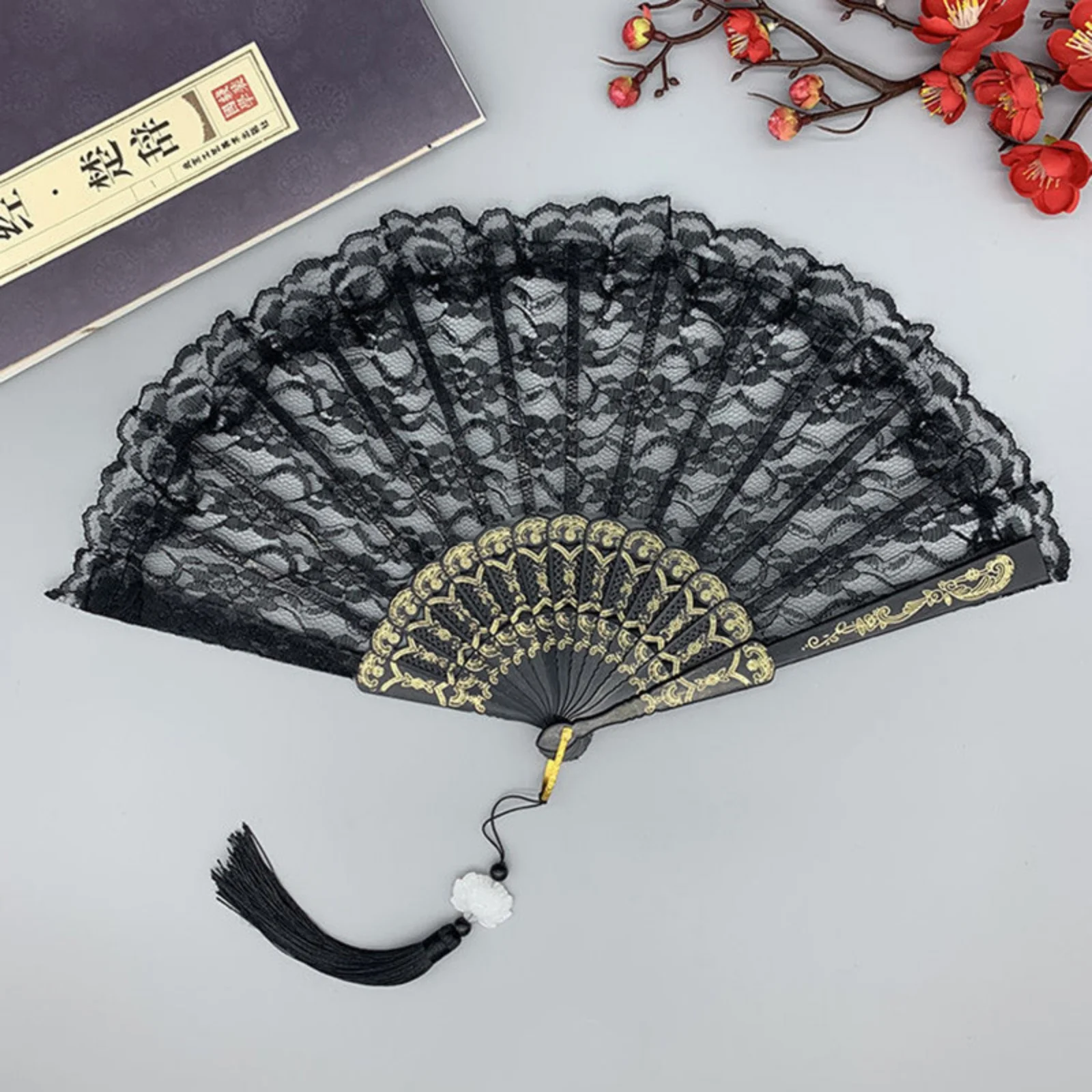 1PC Black White Lace Folding Hand Fans With Tassel Vintage Chinese Style Fans For Women Wedding Dance & Daily Decoration